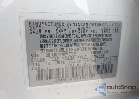 2017 Nissan Sentra S z USA, uszkodzony, nr VIN 3N1AB7AP2HY407129